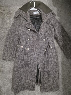 Calvin Klein Women's Gray Tweed Double-Breasted Pea Coat with Olive Rib Collar